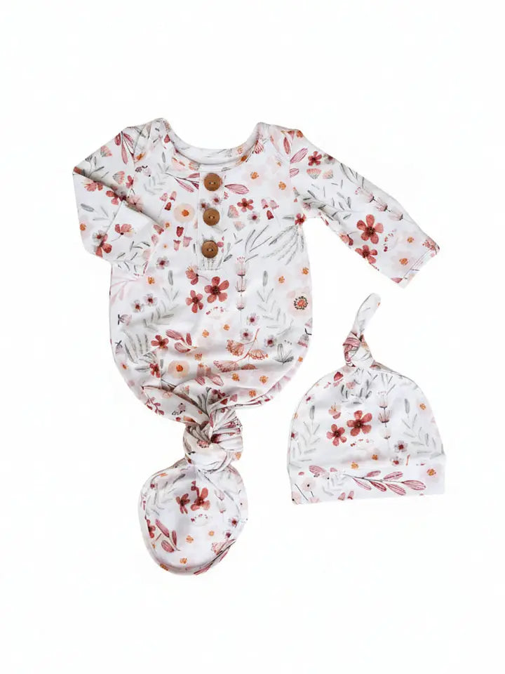 Wren's Wildflower Newborn Baby Knot Gown & Hat