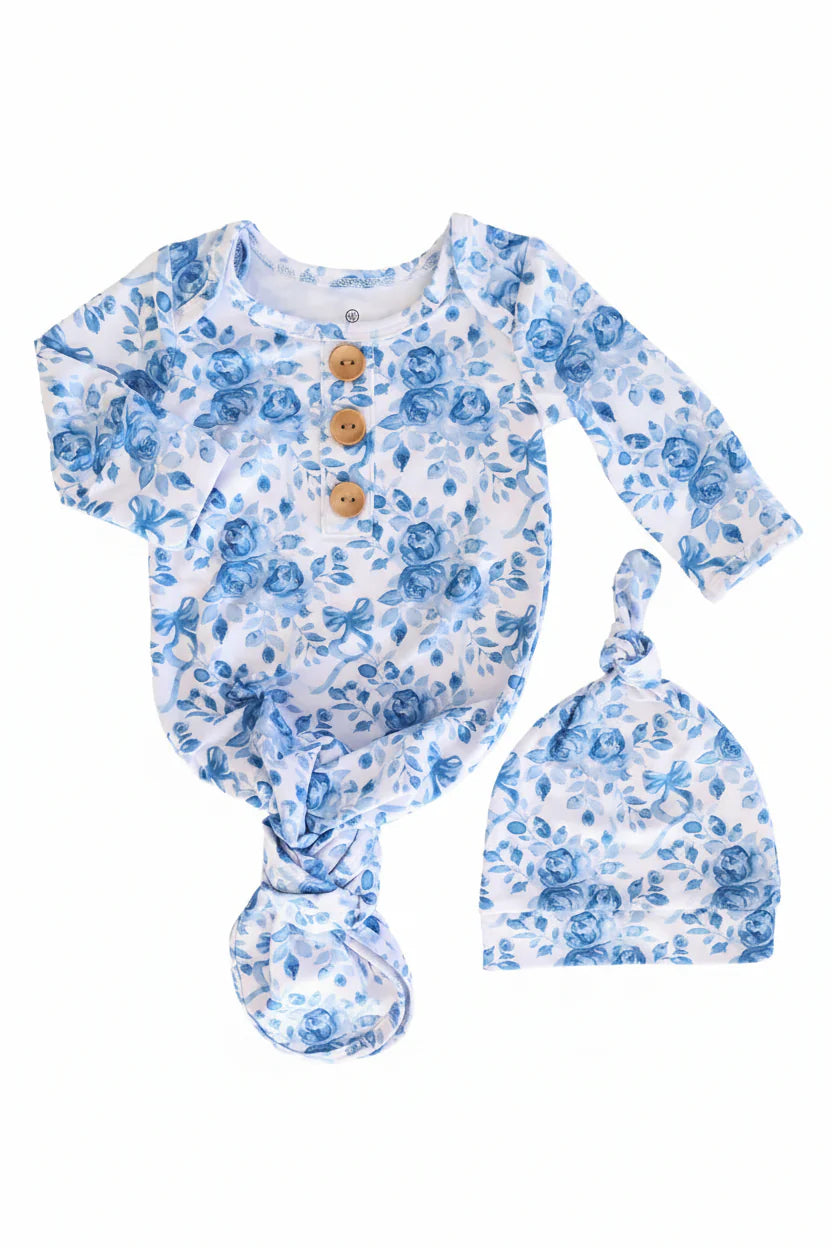Betsy's Blooms Newborn Baby Knot Gown & Hat Set