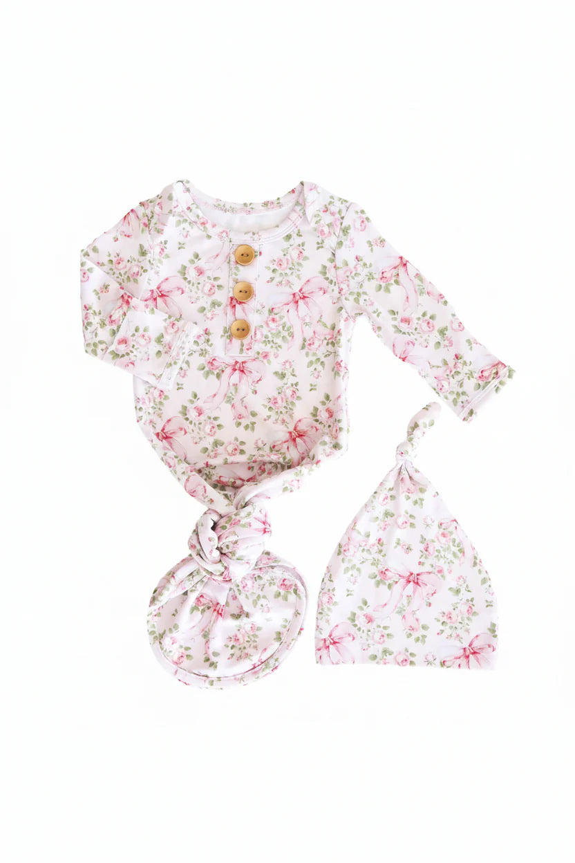 Bows in Bloom Newborn Baby Knot Gown & Hat Set | Pink