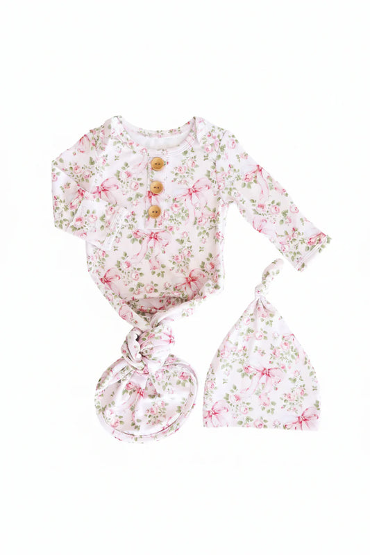 Bows in Bloom Newborn Baby Knot Gown & Hat Set | Pink