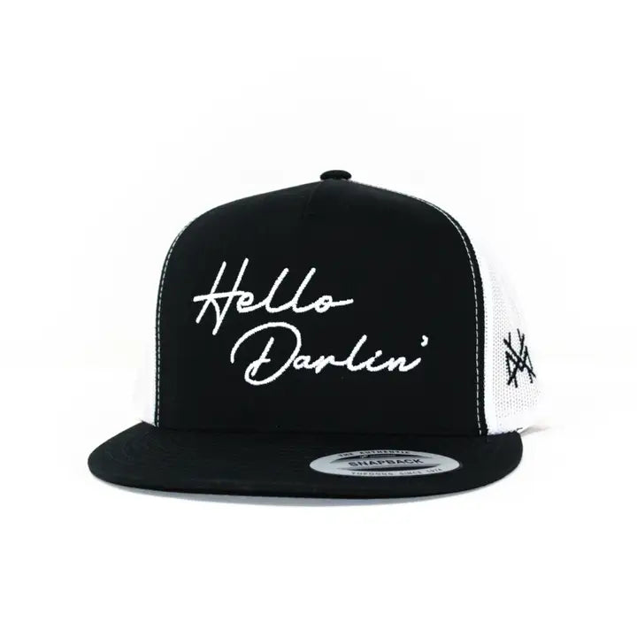 Hello Darlin Country Western Trucker hat  - Flatbill Black/White