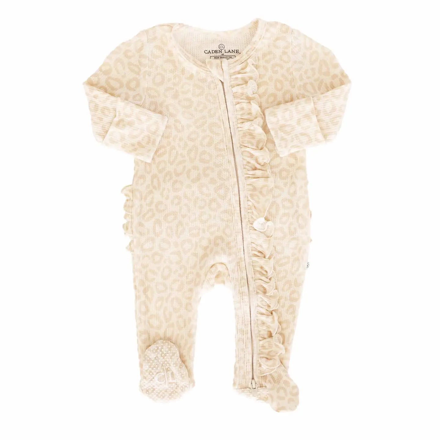 Lovely Leopard Bamboo Waffle Zipper Ruffle Footie