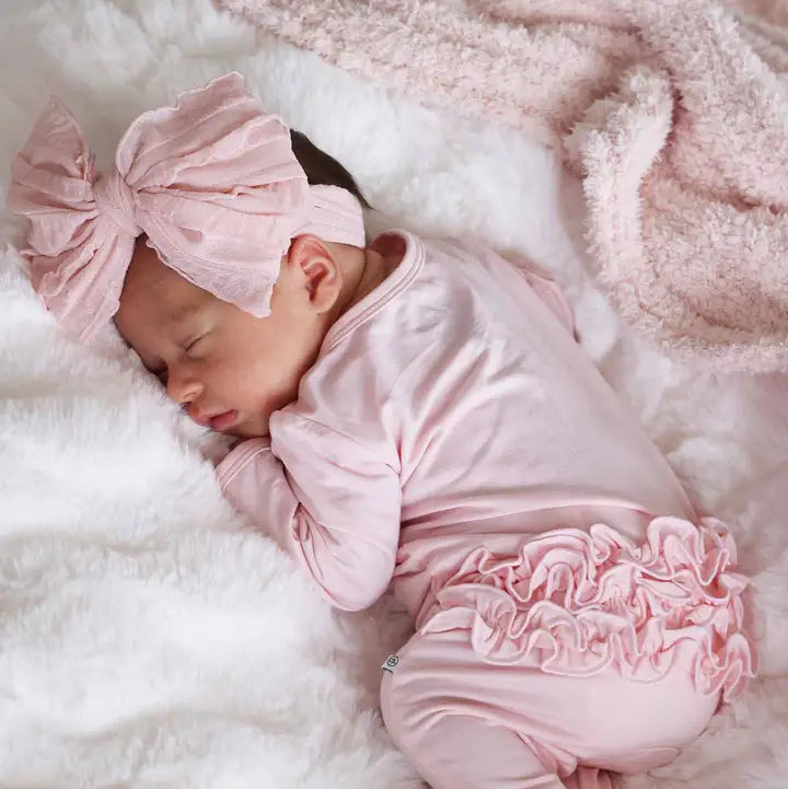 Baby Pink Bamboo Ruffle Zipper Footie