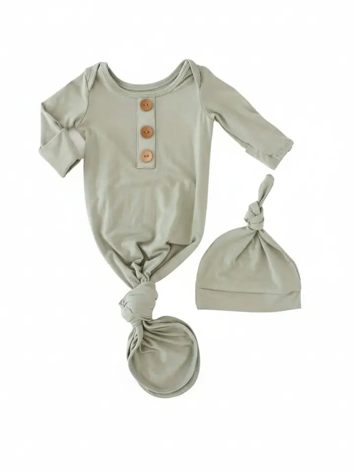 Solid Moss Bamboo Baby Knot Gown & Hat