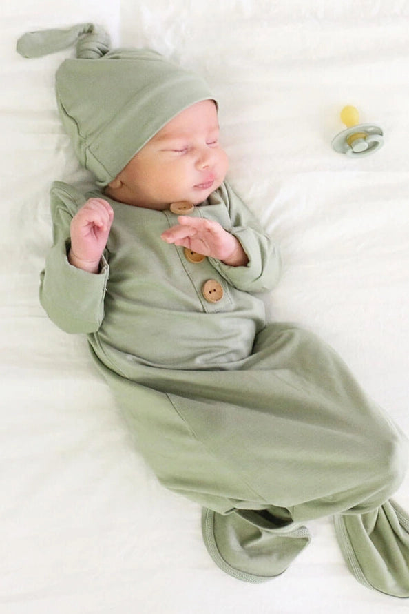 Solid Moss Bamboo Baby Knot Gown & Hat