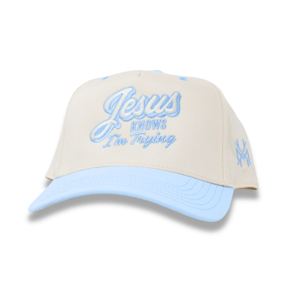 Jesus Knows I'm Trying Trucker Hat - Retro Powder Blue/Natural