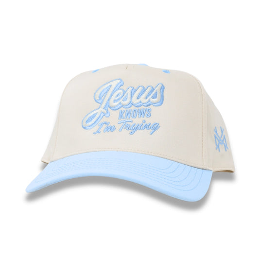 Jesus Knows I'm Trying Trucker Hat - Retro Powder Blue/Natural
