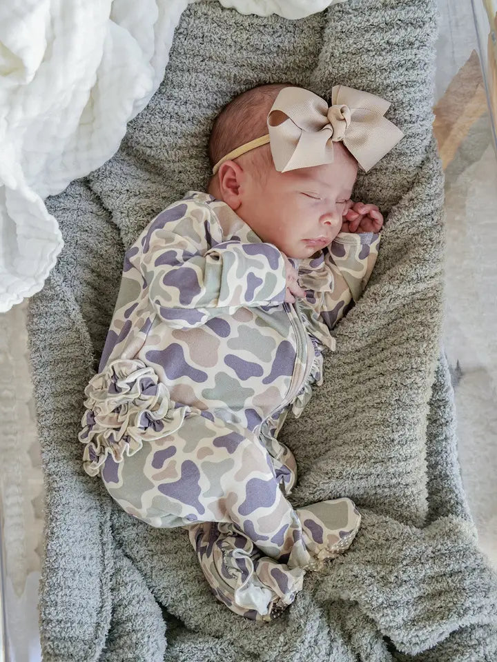 Ruffle Bamboo Zipper Footie | Camo Cutie