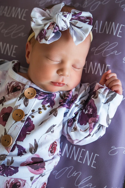 Demi's Dusty Purple Floral Newborn Baby Knot Gown & Hat Set