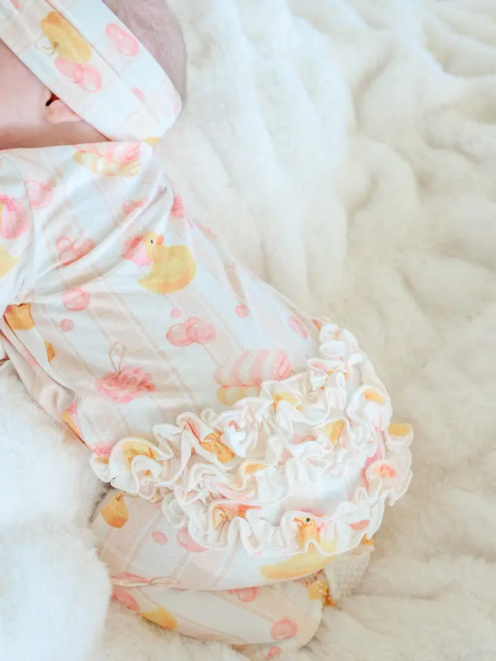 Ruffle Bamboo Zipper Footie | Bubble Duckies Pink