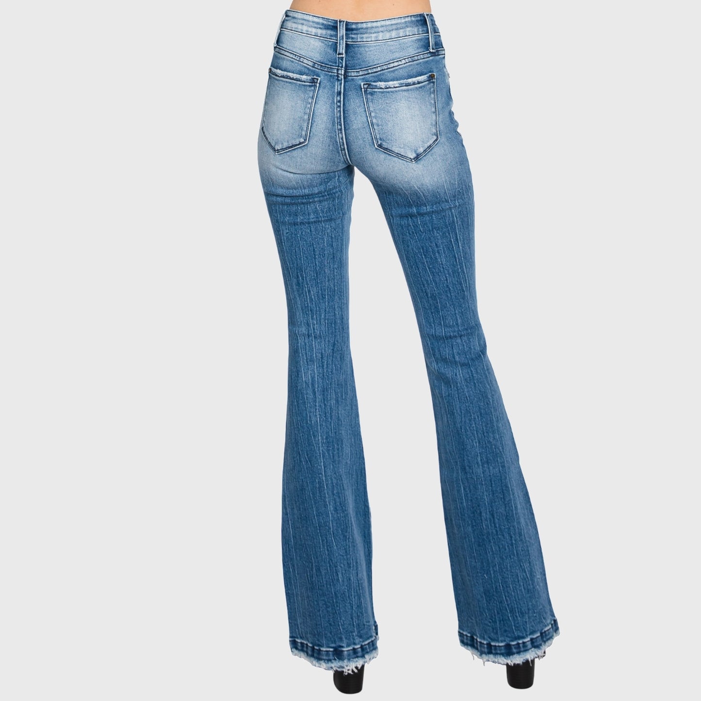 Candice Petite Mid Rise Distressed Stretch Flare