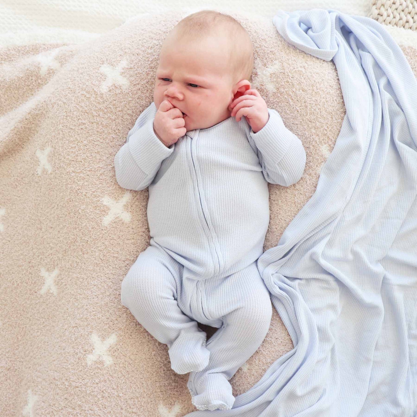 Ice Blue Bamboo Waffle Zipper Footie