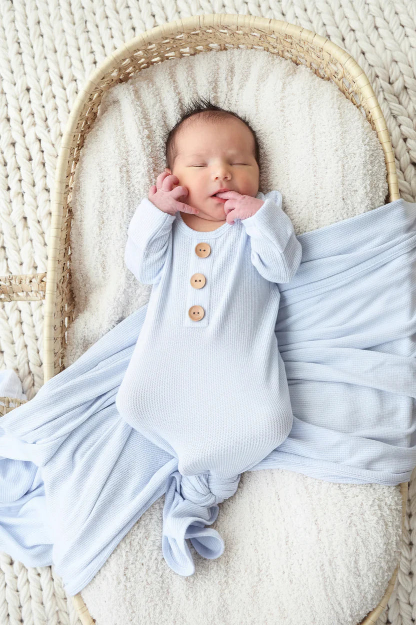 Ice Blue Bamboo Waffle Newborn Baby Knot Gown & Hat Set