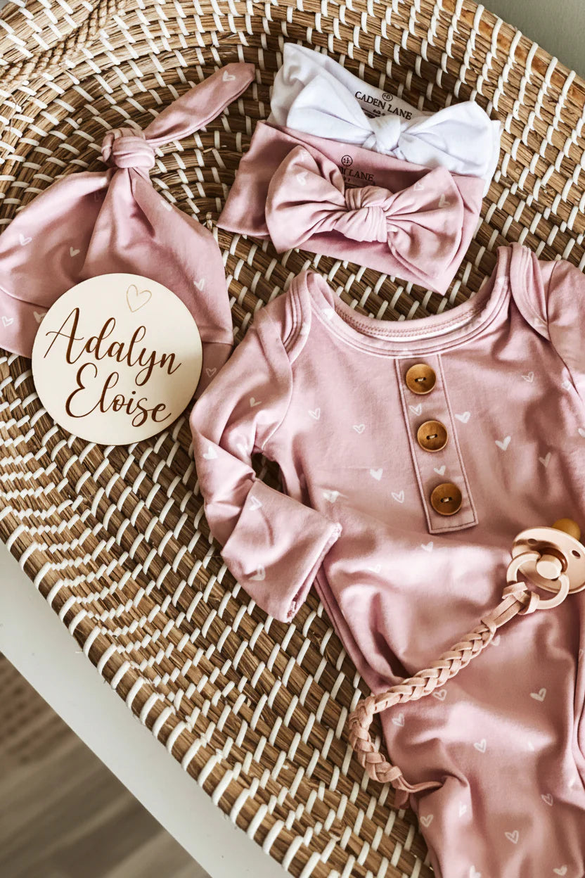 Tiny Hearts in Dusty Pink Newborn Baby Knot Gown & Hat Set