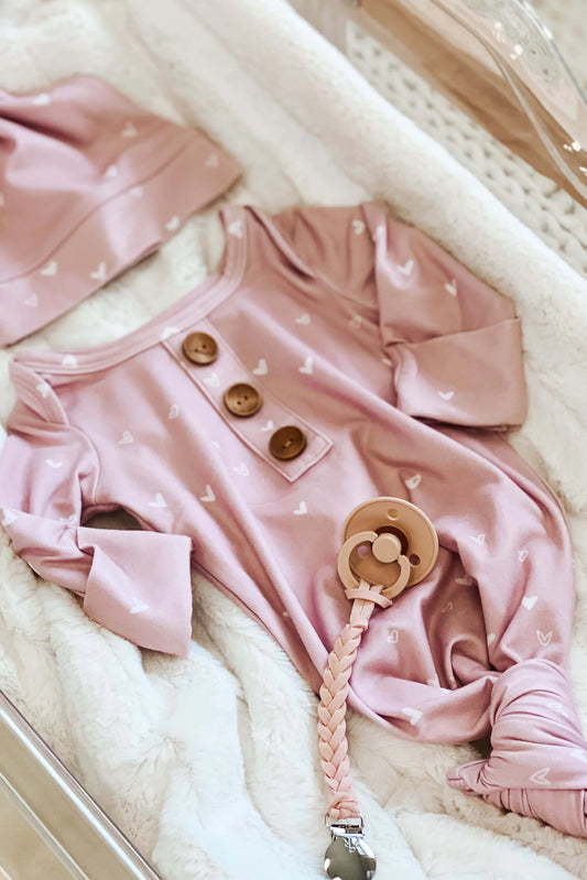 Tiny Hearts in Dusty Pink Newborn Baby Knot Gown & Hat Set