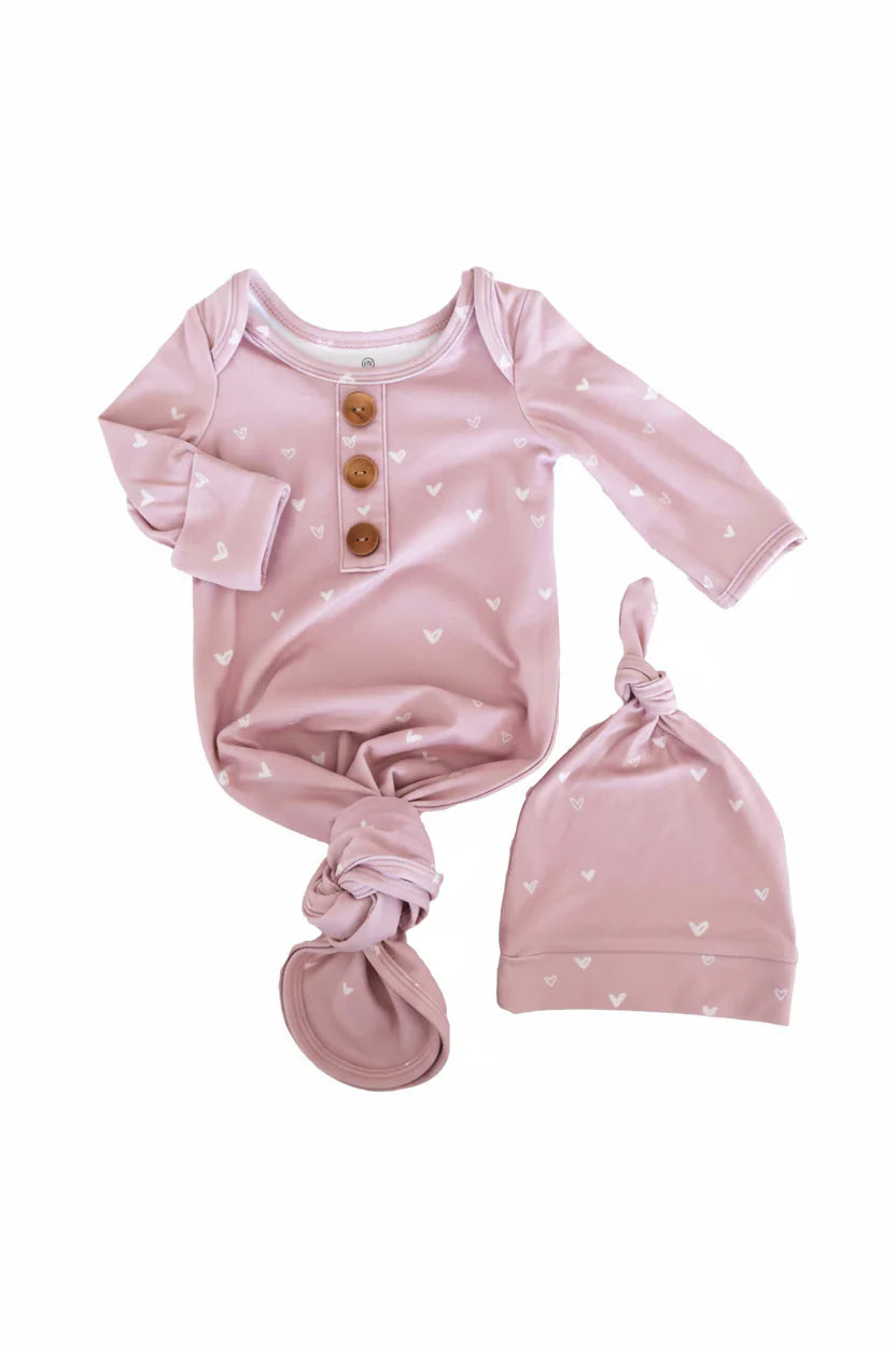 Tiny Hearts in Dusty Pink Newborn Baby Knot Gown & Hat Set